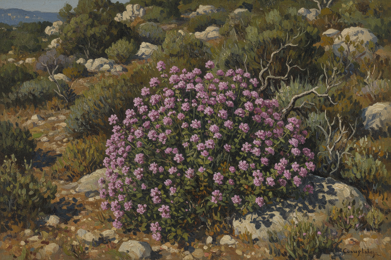 genere un dessin fait au pinceau dans le style du peintre courbet, de thymbra capitata en fleurs, integré dans le maquis